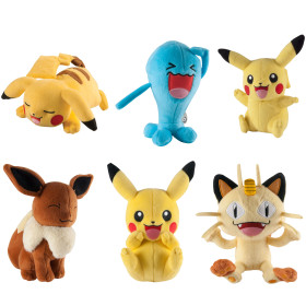 Pokemon - Toy - Plush - 8" Assortment - 6pcs (1 new Pikachu, 1 Meowth, 1 Eevee, 1 Wobbuffet, 1 old Pikachu,1 sleeping Pikachu)